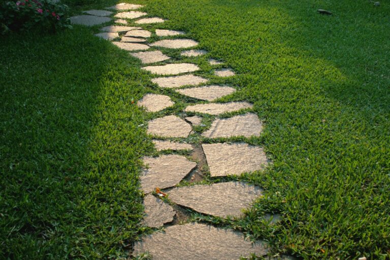 Flagstone stepping-stone path set flush through a healthy green lawn